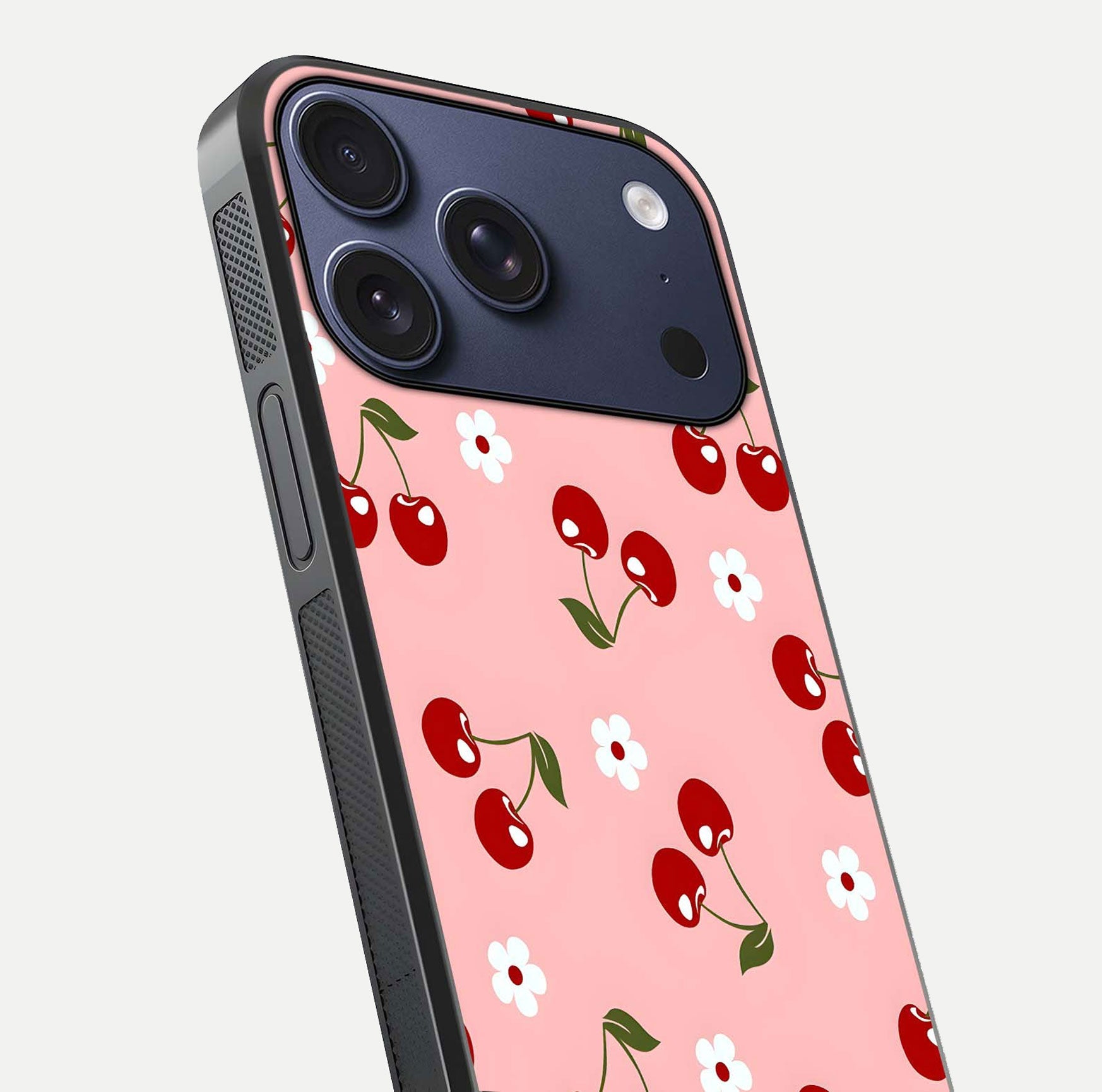 Cherry Love Mood Glass Case for iPhone 17 Pro close-up highlighting cherry heart pattern and reflection shine
