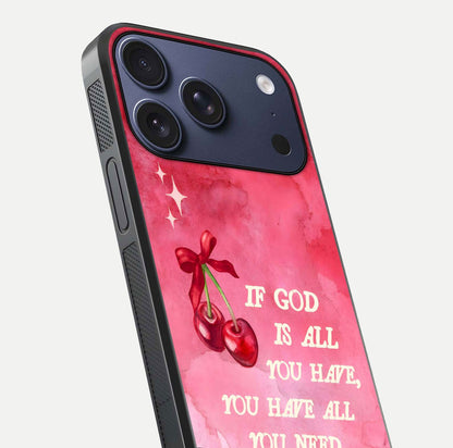 Cherry Quote Glass Case for iPhone 17 Pro close-up showing printed quote detail and HD reflection gloss