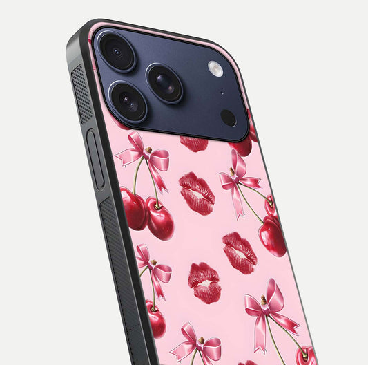 Cherry With Lips Glass Case for iPhone 17 Pro close-up view highlighting lips texture and reflection shine