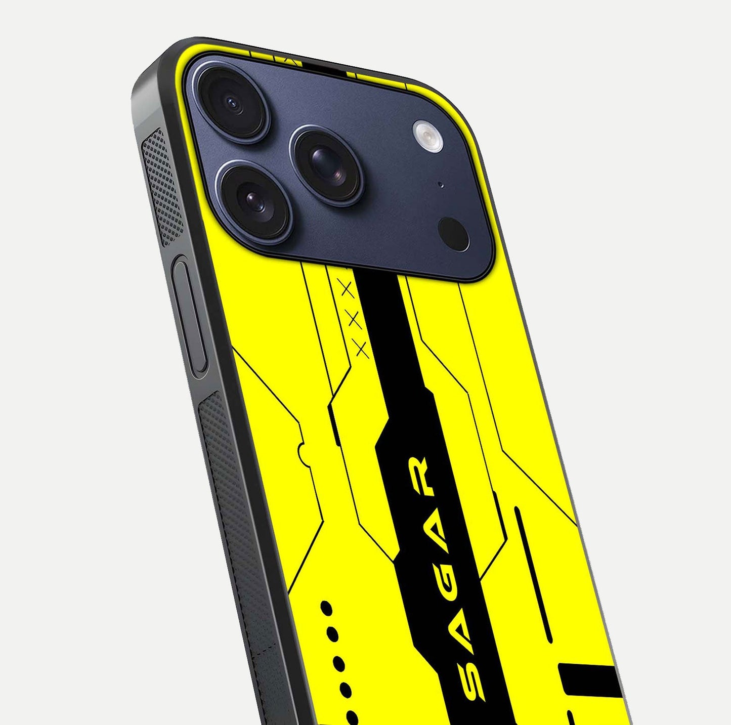 Circuit CYBERPUNK Custom Name Glass Case for iPhone 17 Pro close-up highlighting neon lines, futuristic tones, and gloss reflection