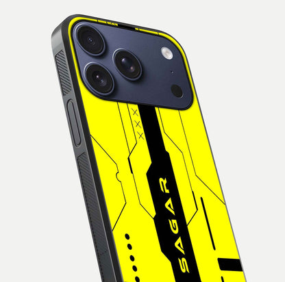 Circuit CYBERPUNK Custom Name Glass Case for iPhone 17 Pro close-up highlighting neon lines, futuristic tones, and gloss reflection