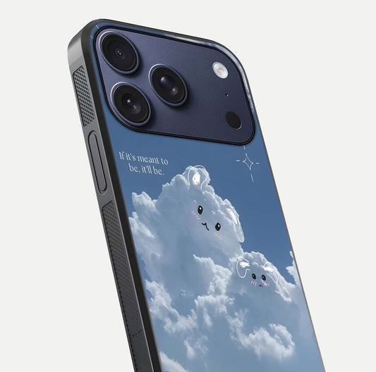 Cloud Bunny Dreams Glass Case for iPhone 17 Pro close-up showing bunny art, dreamy clouds, and HD shine