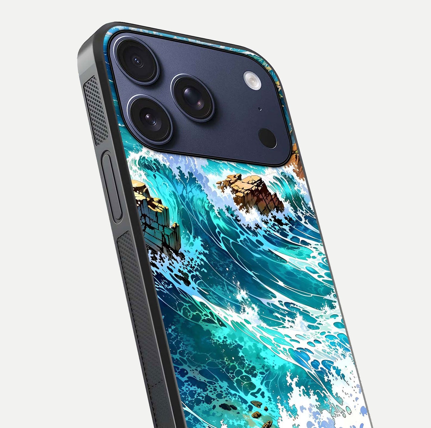 Coastal Blue Waves Glass Case for iPhone 17 Pro close-up highlighting wave texture and blue shine