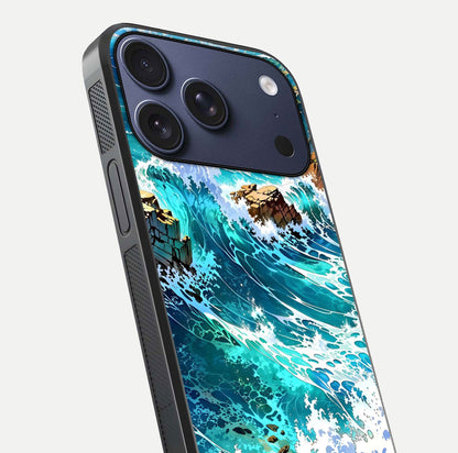 Coastal Blue Waves Glass Case for iPhone 17 Pro close-up highlighting wave texture and blue shine