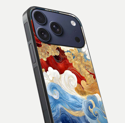Colored Waves Glass Case for iPhone 17 Pro close-up angled shot highlighting gradient flow and light reflection