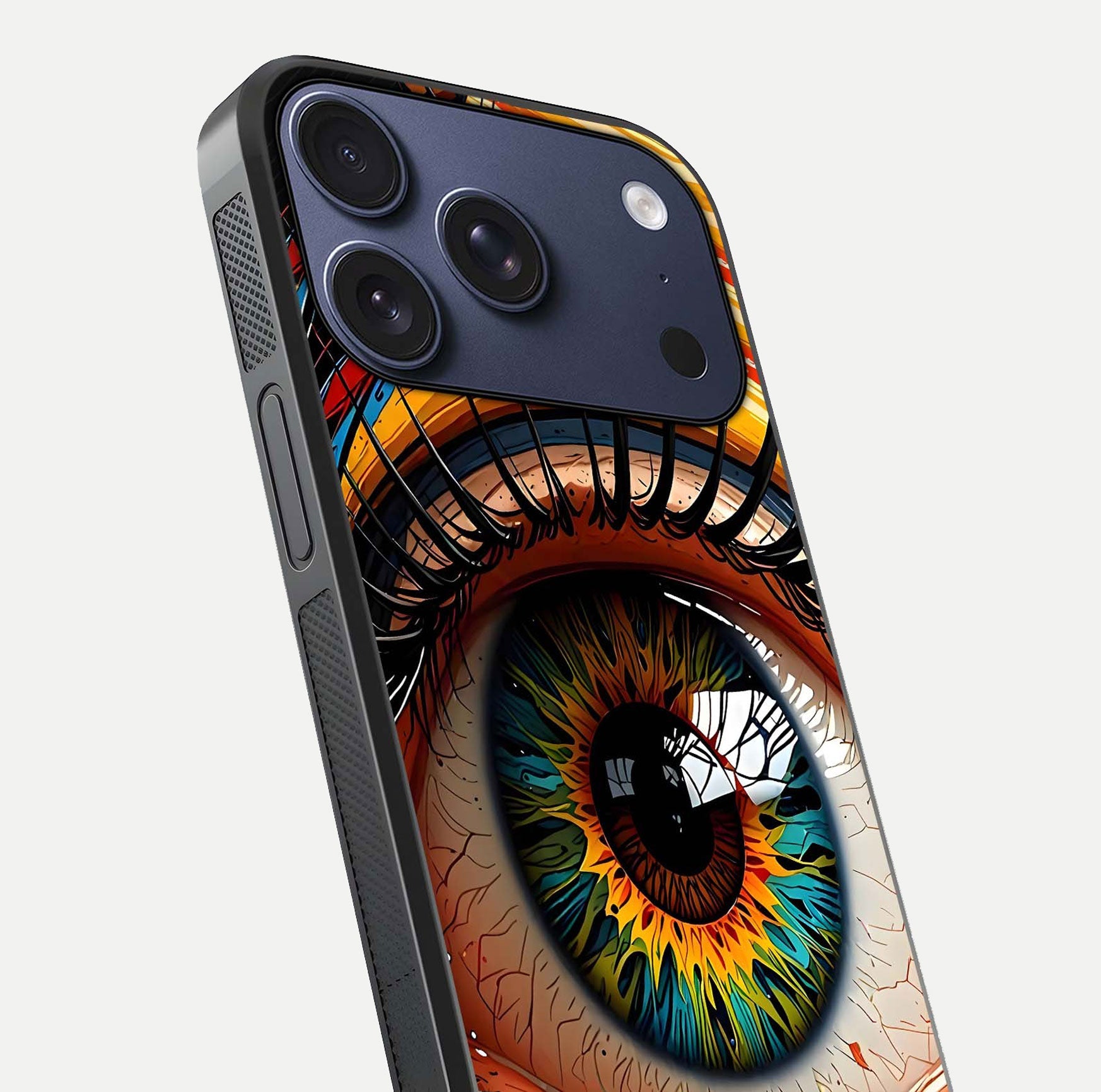 Colorful Eye Glass Case for iPhone 17 Pro close-up highlighting eye pattern detail and reflection shine
