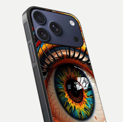 Colorful Eye Glass Case for iPhone 17 Pro close-up highlighting eye pattern detail and reflection shine