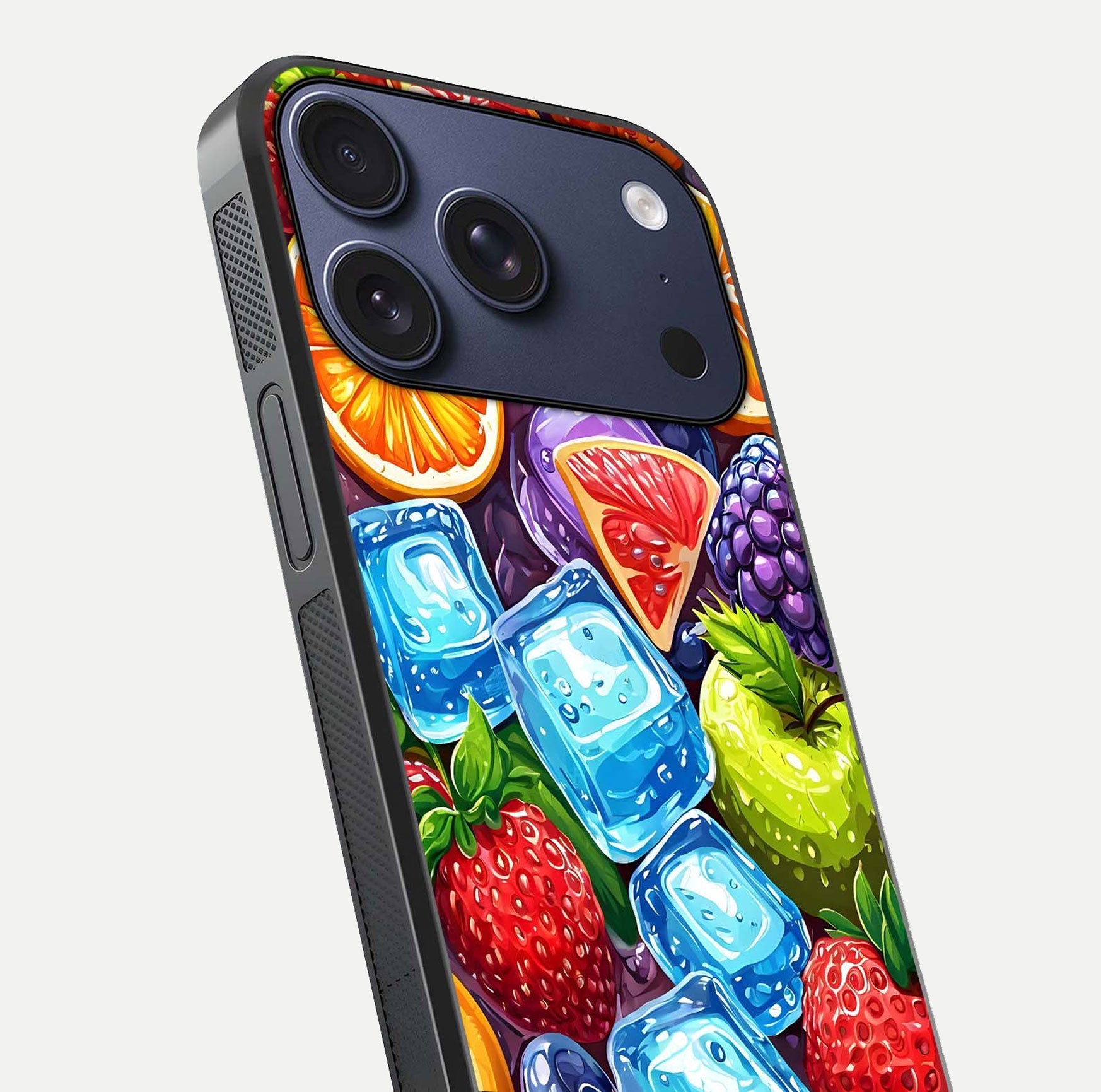 Colorful Fruits with Ice Glass Case for iPhone 17 Pro close-up highlighting fruit color and reflection glow
