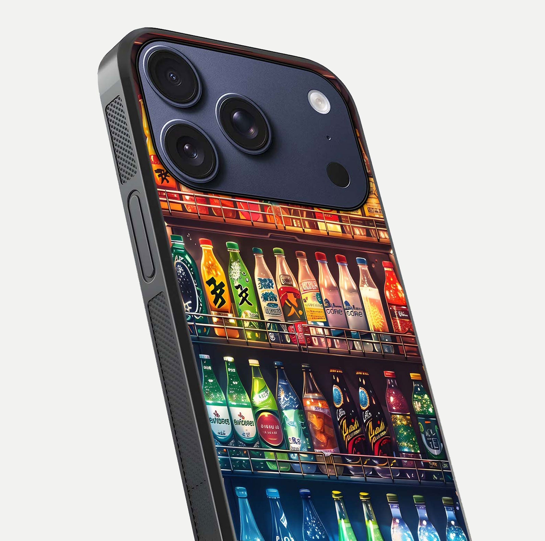 Colorful Soda Bottles Glass Case for iPhone 17 Pro close-up showing colorful bottles and HD reflection