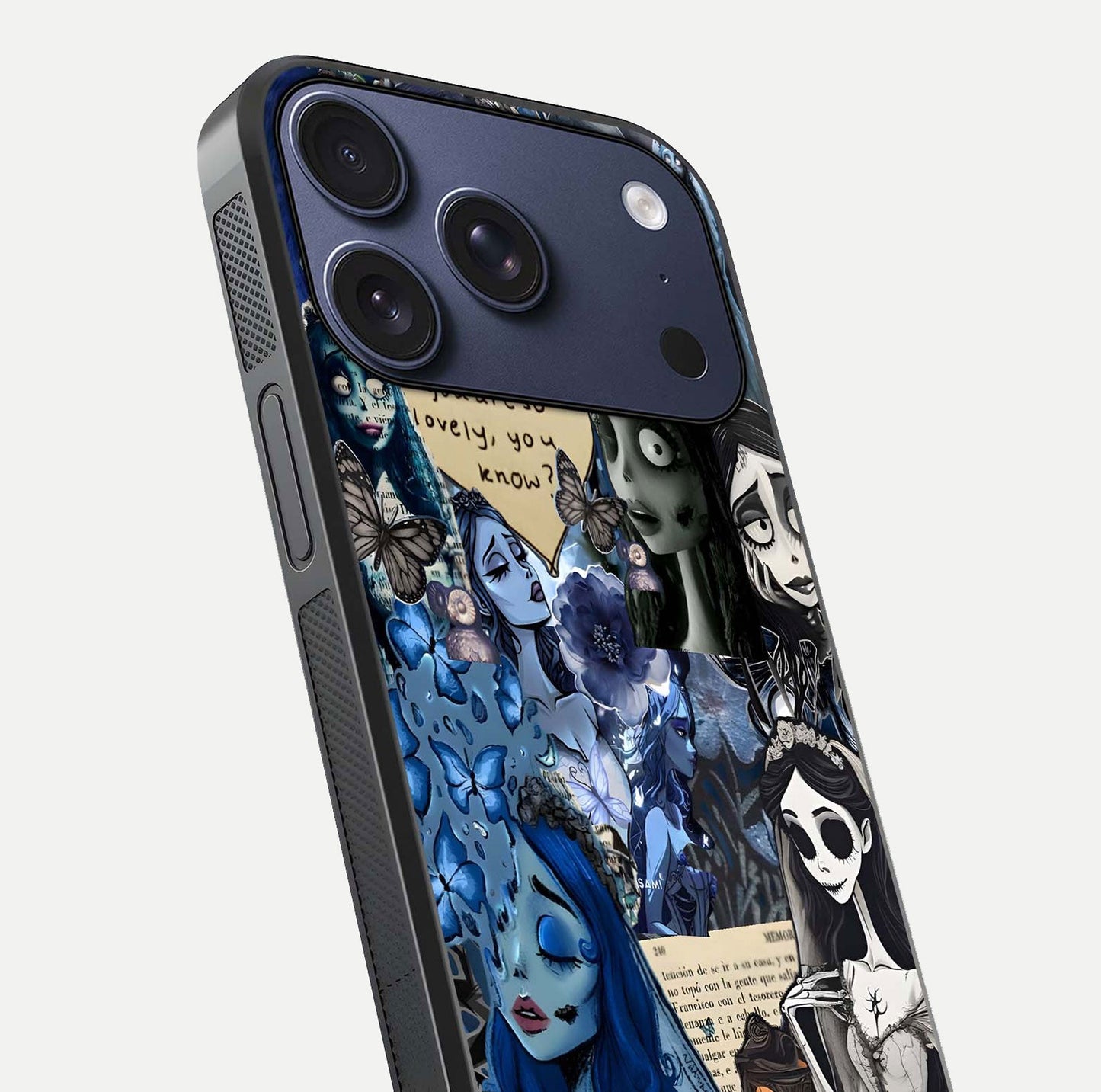 Corpse Bride Posters Glass Case for iPhone 17 Pro close-up highlighting detailed artwork and reflection polish