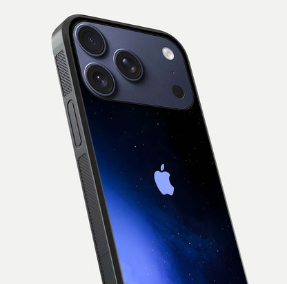 Cosmic Blue Apple Glass Case for iPhone 17 Pro close-up highlighting galaxy pattern, shine, and reflection detail