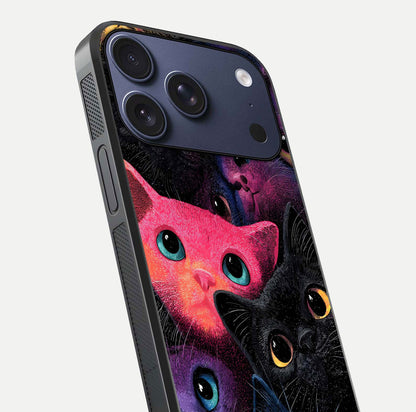 Cosmic Cats Dreams Glass Case for iPhone 17 Pro close-up highlighting cats and cosmic glow reflection
