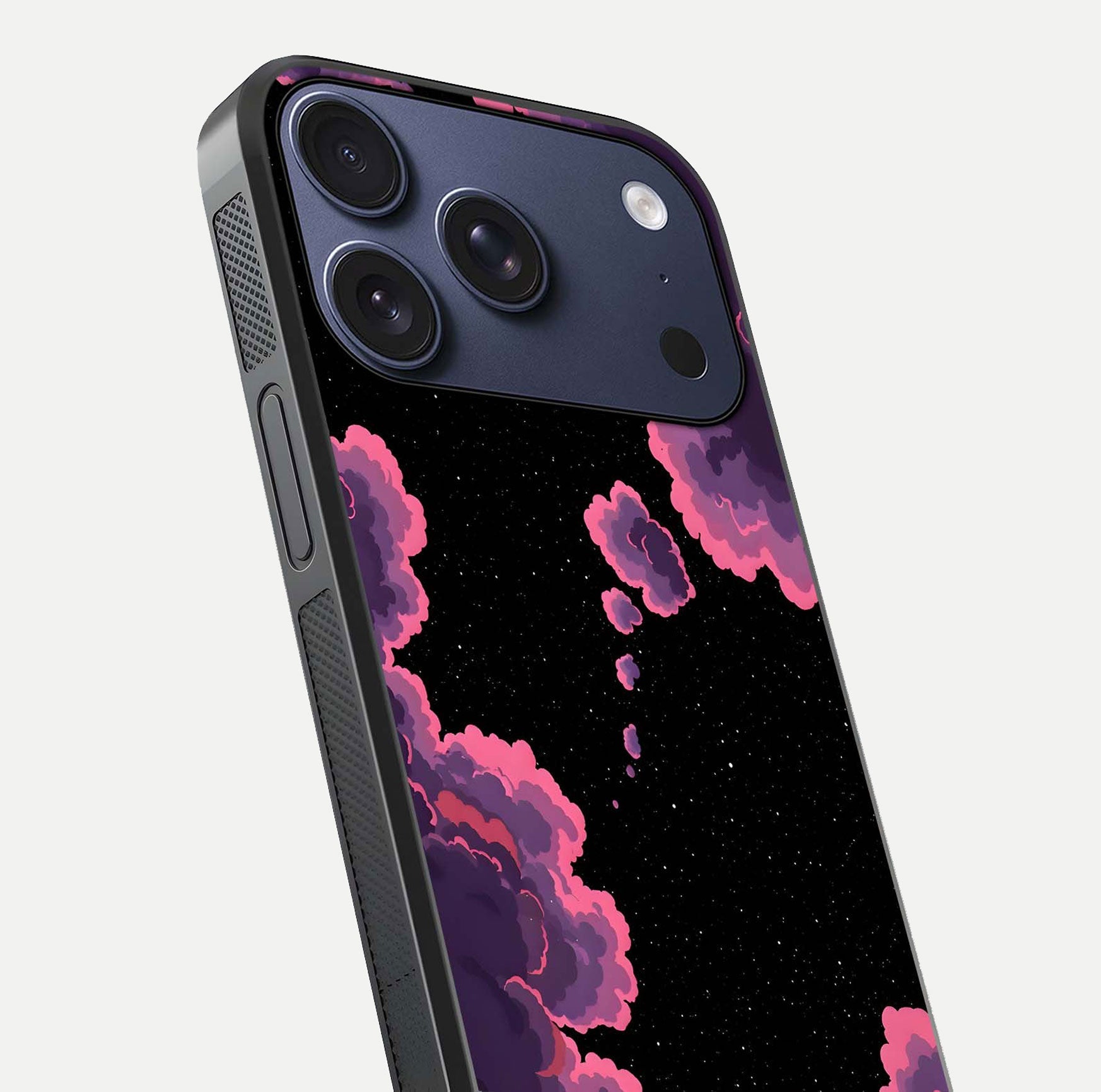 Cosmic Cloud Journey Glass Case for iPhone 17 Pro close-up highlighting star clusters and reflection texture