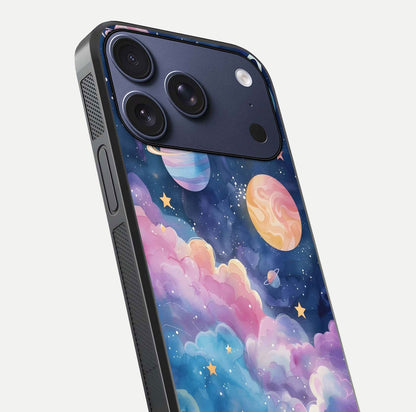 Cosmic Planet Dreams Glass Case for iPhone 17 Pro close-up highlighting planetary details and reflection glow