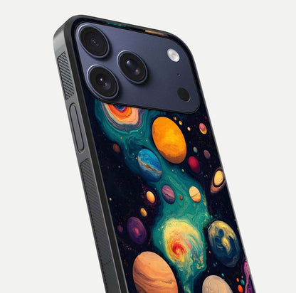 Cosmic Planet Journey Glass Case for iPhone 17 Pro close-up highlighting planets, stars, and shine reflection