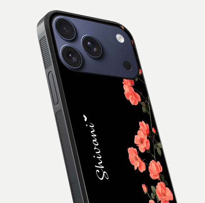 Crimson Bloom Grace Custom Name Glass Case for iPhone 17 Pro close-up highlighting flower pattern and reflection texture