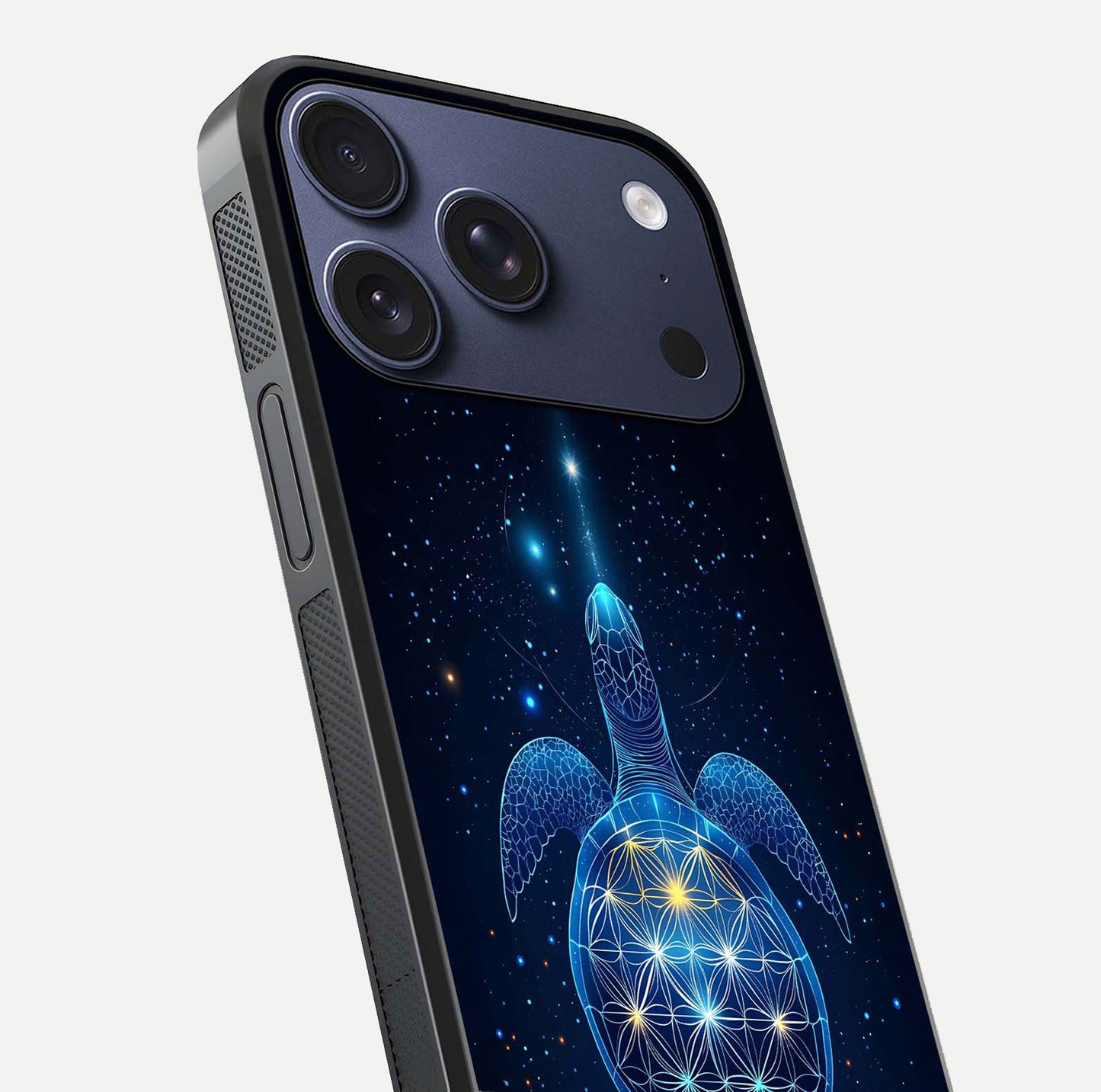 Crimson Blue Turtle Glass Case for iPhone 17 Pro close-up highlighting turtle shell detail and shine reflection