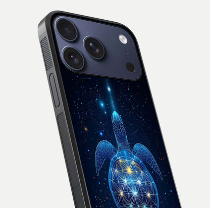 Crimson Blue Turtle Glass Case for iPhone 17 Pro close-up highlighting turtle shell detail and shine reflection