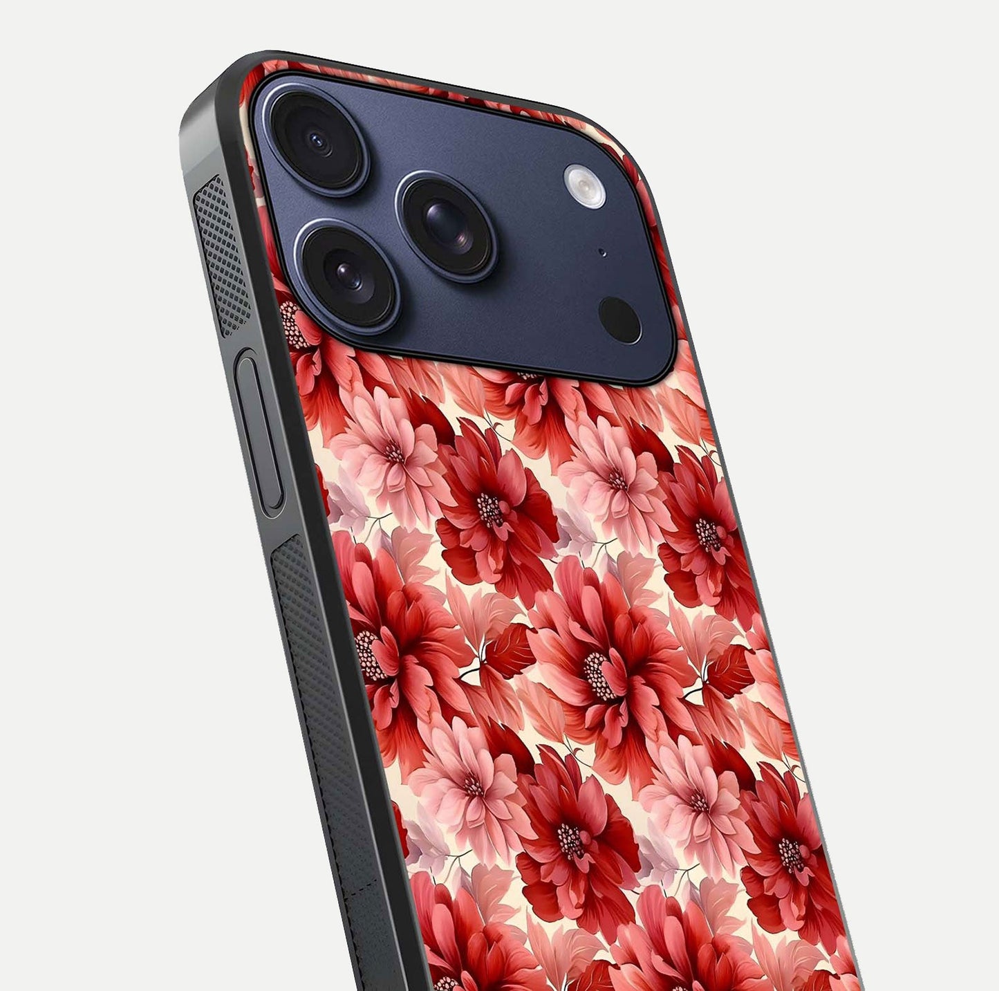 Crimson Love Petals Glass Case for iPhone 17 Pro close-up highlighting petal texture and light reflection