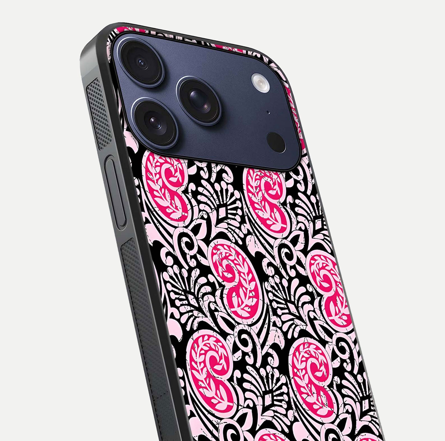 Crimson Paisley Charm Glass Case for iPhone 17 Pro close-up highlighting fine pattern detail and reflection tone