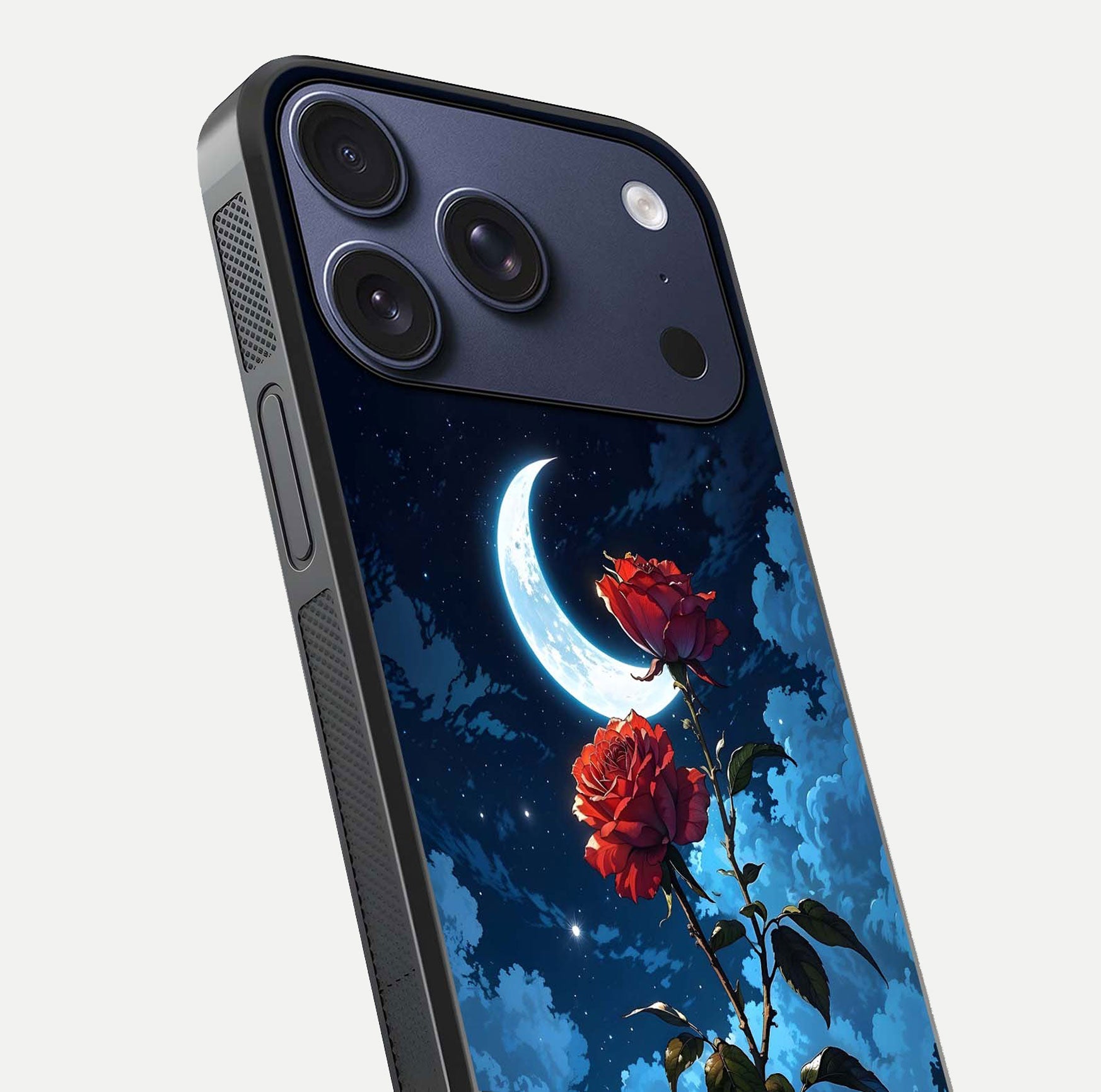 Crimson Rose Moon Glass Case for iPhone 17 Pro close-up showing rose detail and reflection highlight