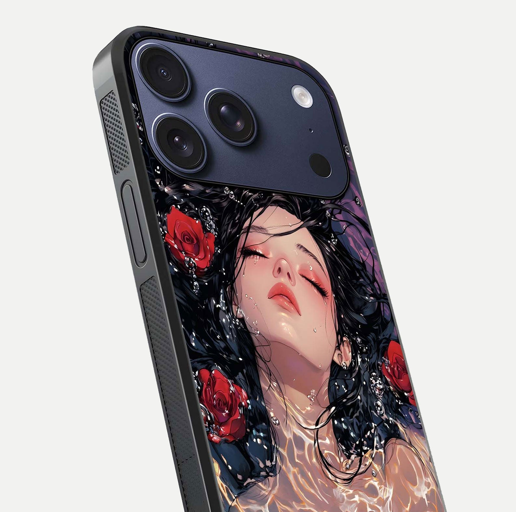 Crimson Rose Serenity Glass Case for iPhone 17 Pro close-up highlighting rose gradient and reflection detail