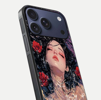 Crimson Rose Serenity Glass Case for iPhone 17 Pro close-up highlighting rose gradient and reflection detail