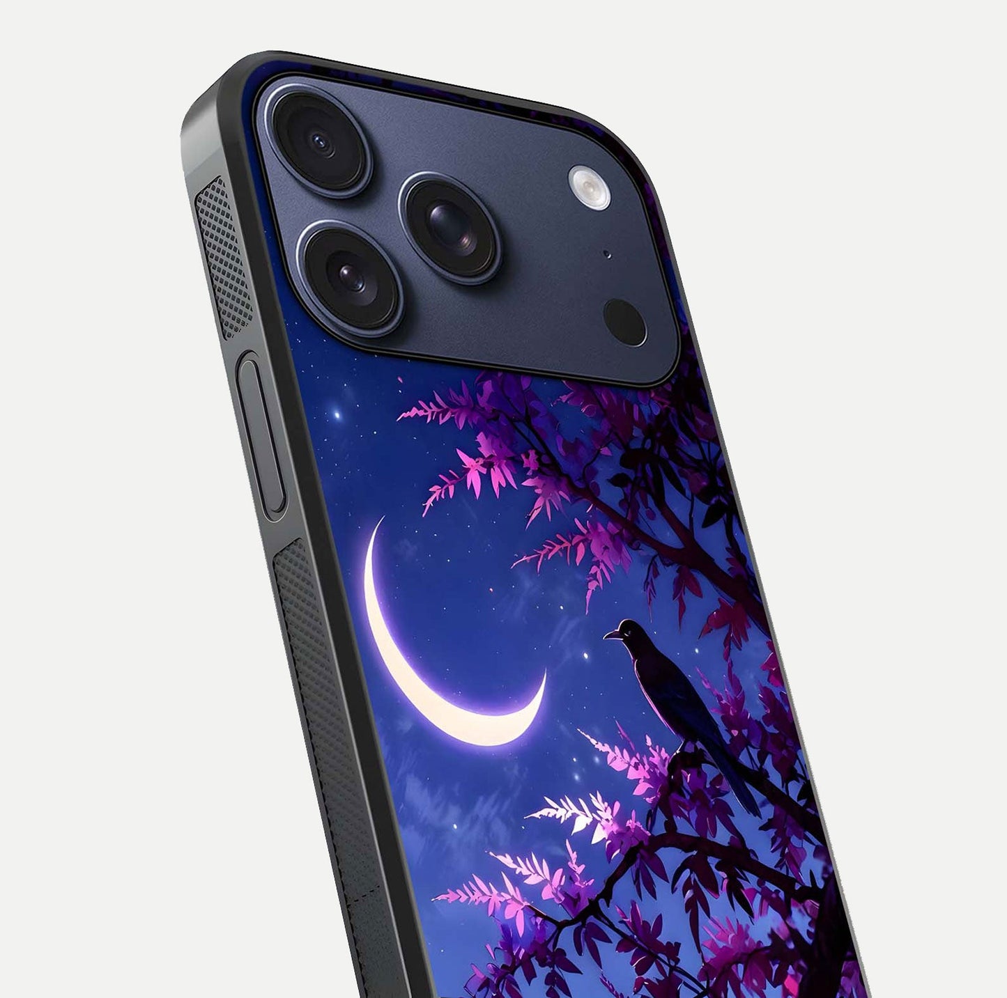 Crow & Moon Scenery Glass Case for iPhone 17 Pro close-up highlighting moon detail, dark tones, and glass reflection