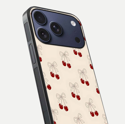 Cute Cherry Pattern Glass Case for iPhone 17 Pro close-up showing cherry cluster details and light reflection