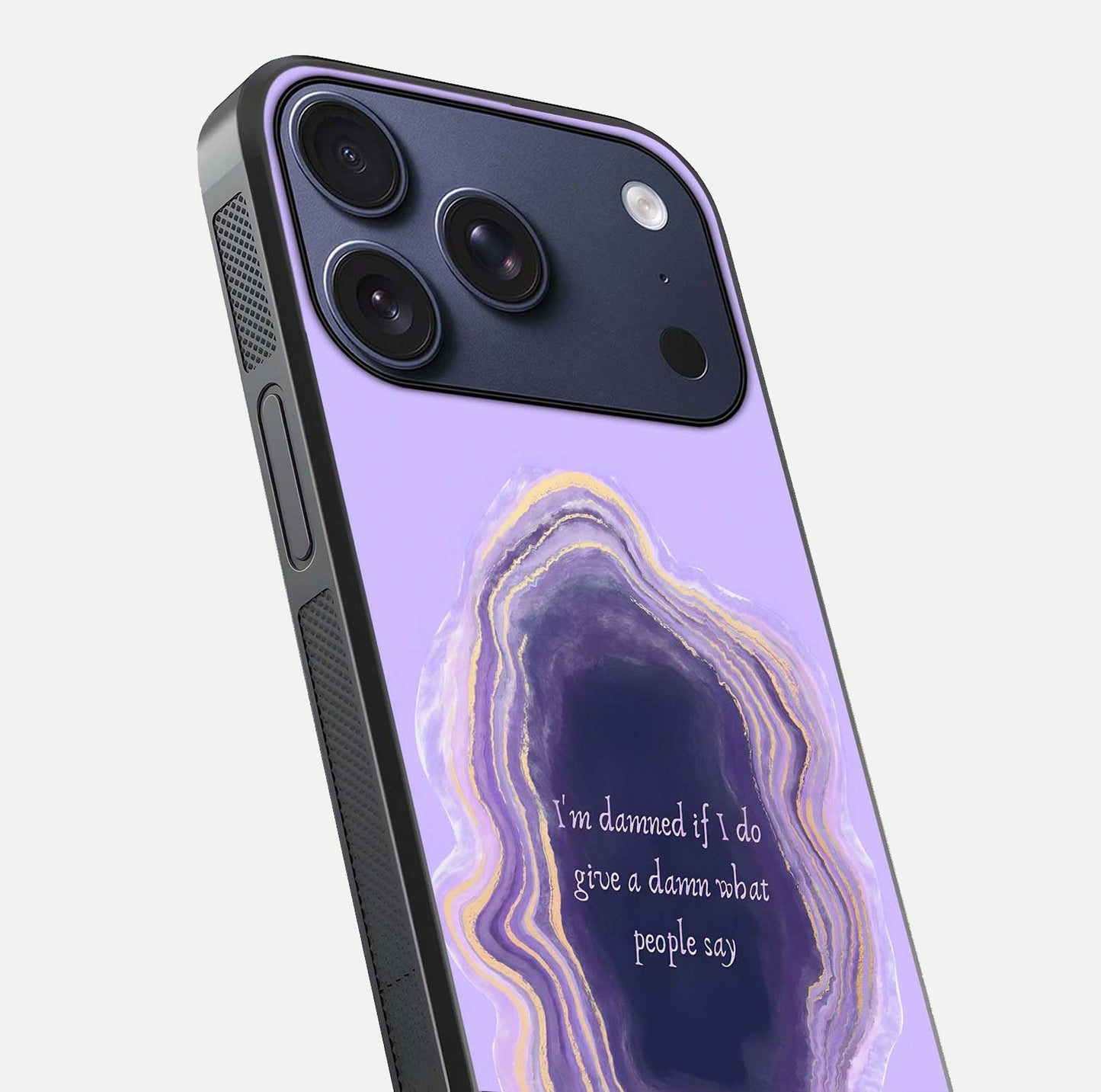 Damned People Quote Glass Case for iPhone 17 Pro close-up highlighting quote text and reflection depth