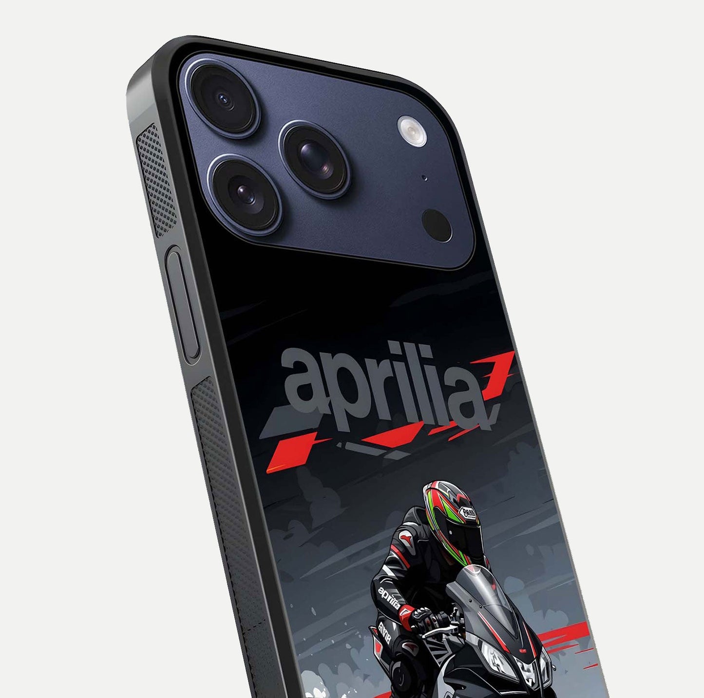 Dark Aprilla Glass Case for iPhone 17 Pro close-up highlighting detailing and reflection effect