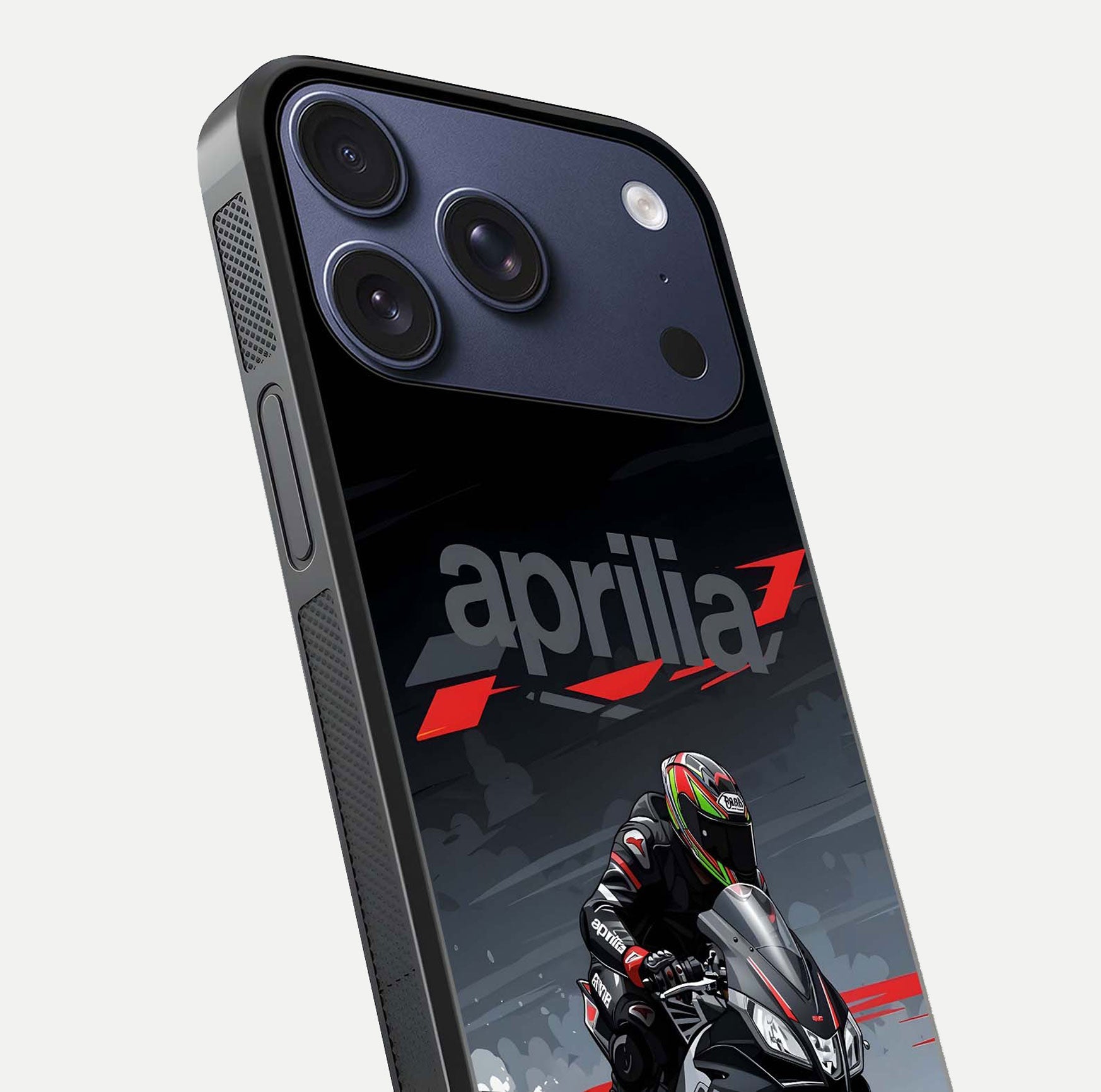 Dark Aprilla Glass Case for iPhone 17 Pro close-up highlighting detailing and reflection effect