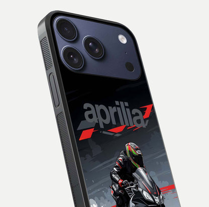 Dark Aprilla Glass Case for iPhone 17 Pro close-up highlighting detailing and reflection effect