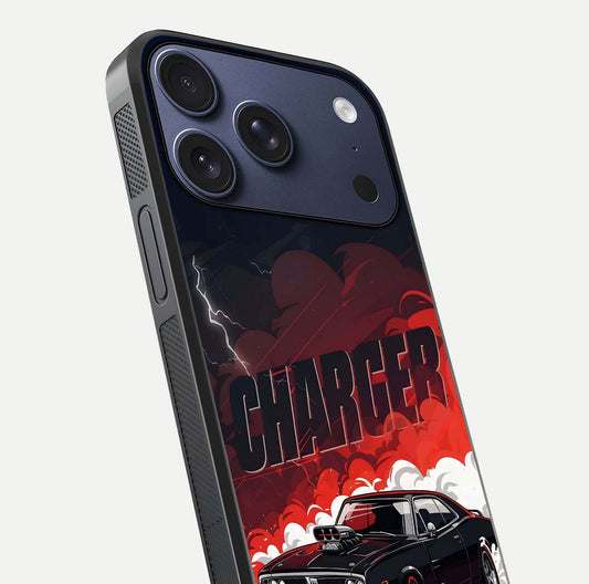 Dark Charger Fury Glass Case for iPhone 17 Pro close-up highlighting car reflection and light gloss