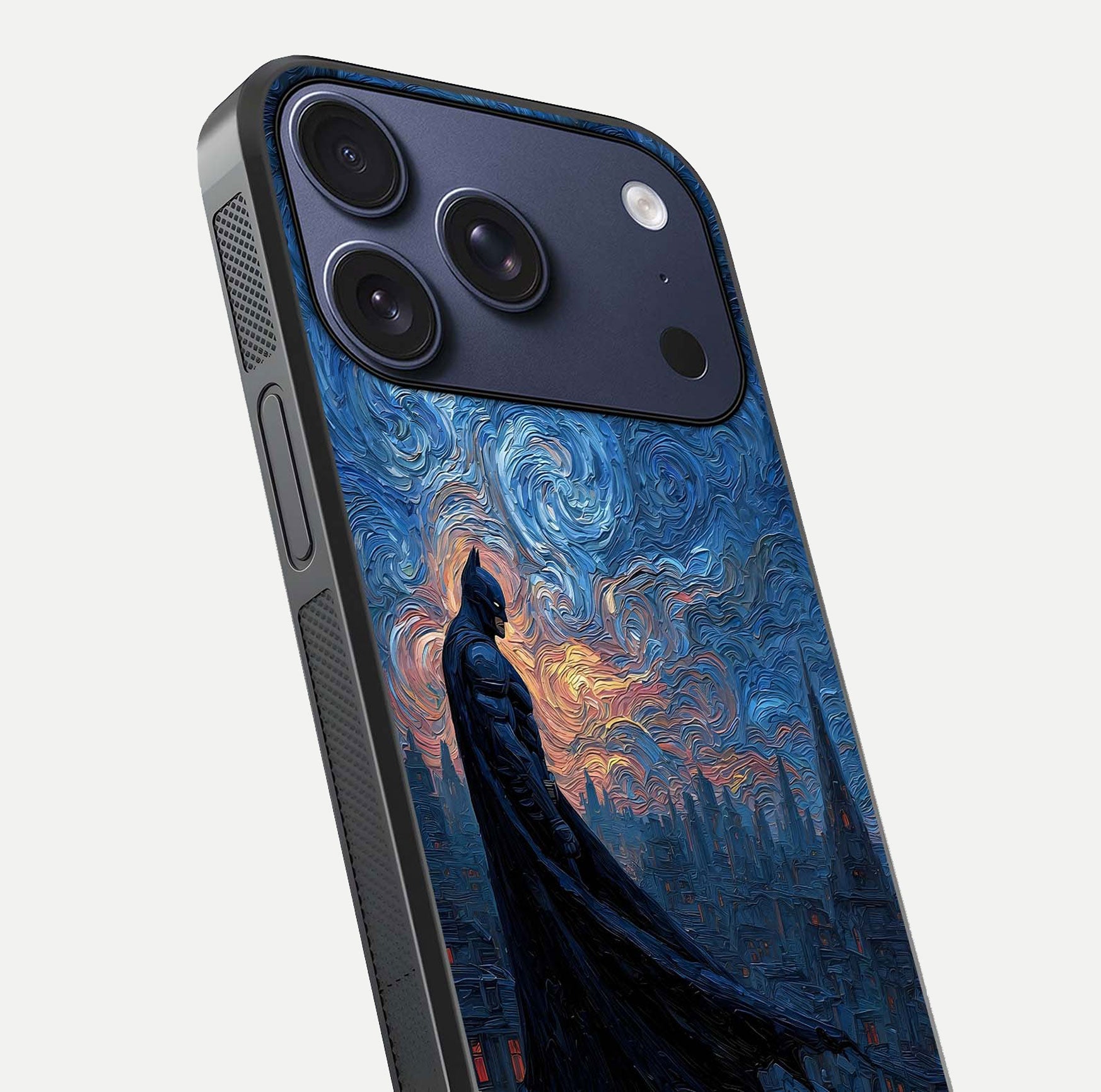 Dark Knight Dusk Glass Case for iPhone 17 Pro close-up highlighting dark suit texture and reflection detail