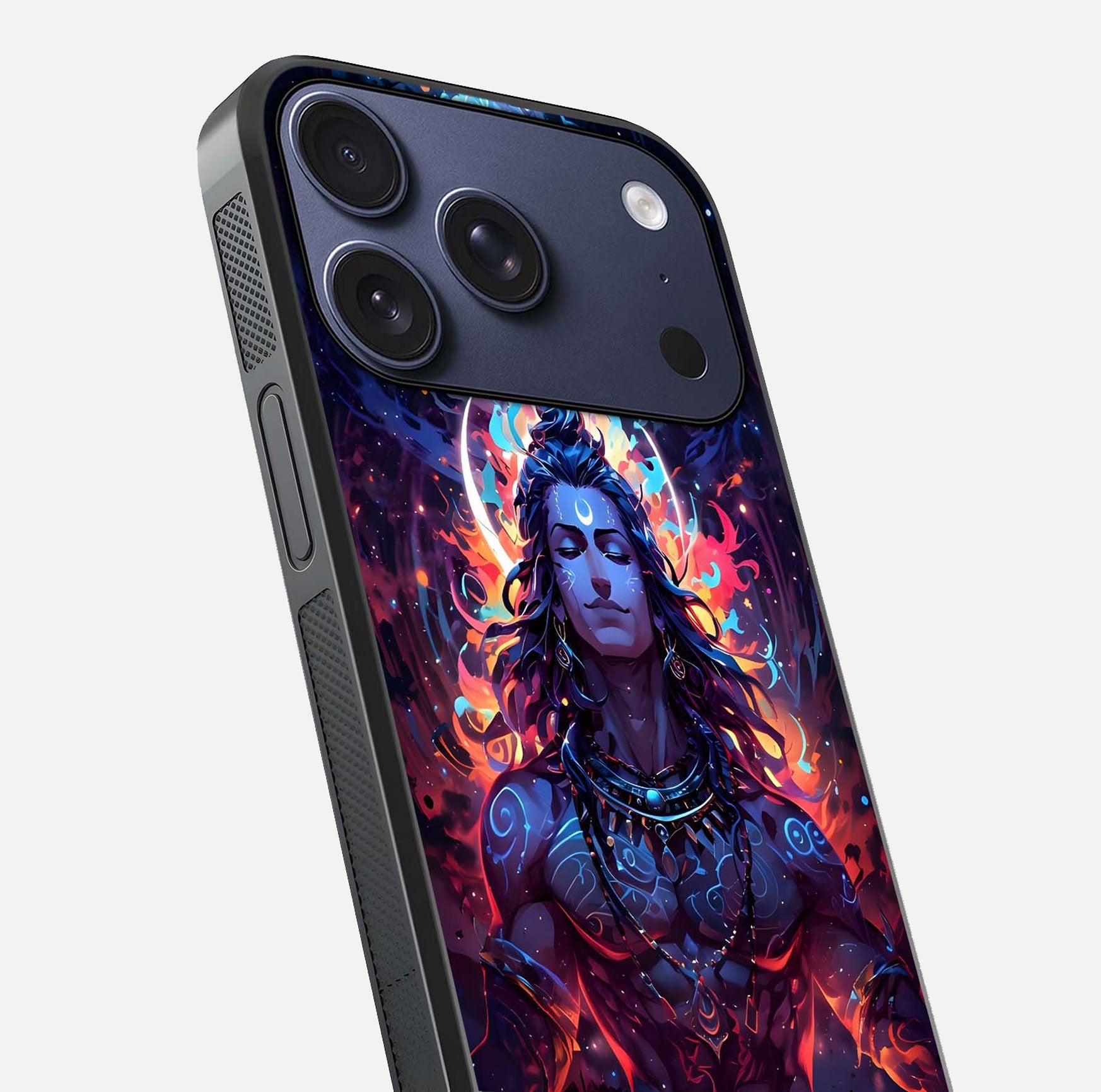 Divine Fire Shiv Glass Case for iPhone 17 Pro close-up highlighting divine detailing and reflection depth