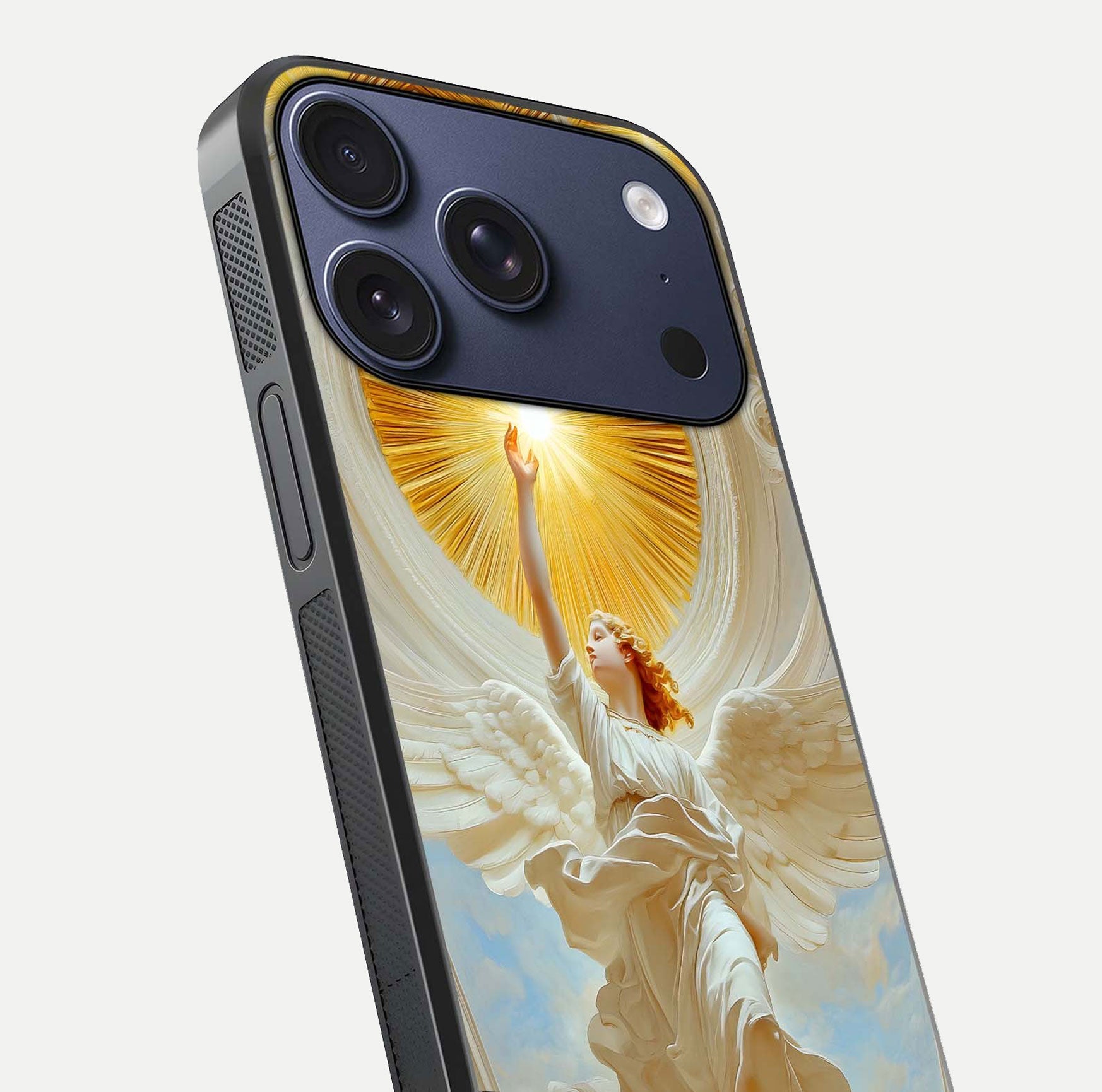 Divine Light Angel Glass Case for iPhone 17 Pro close-up highlighting light rays and glass reflection