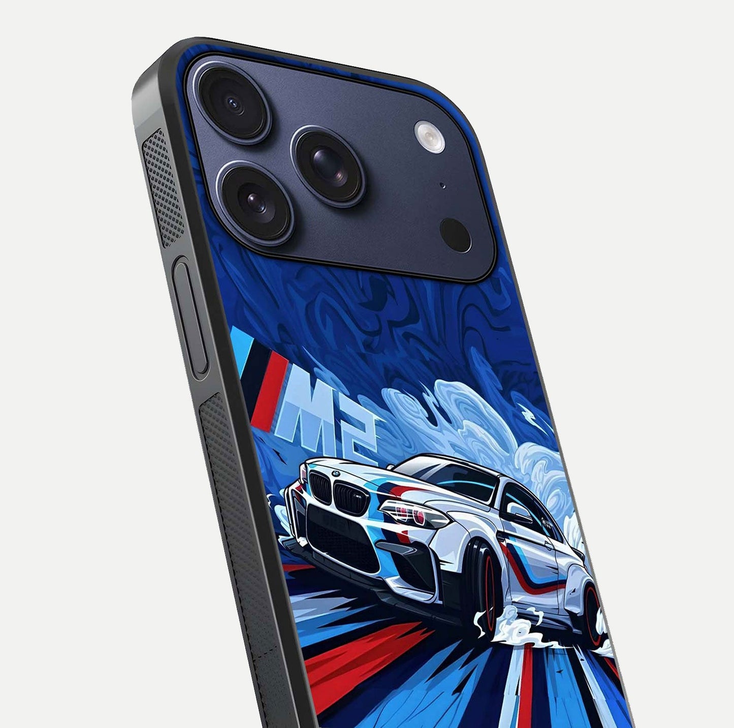 Drift Power Rush Glass Case for iPhone 17 Pro close-up highlighting car reflection and metallic tones