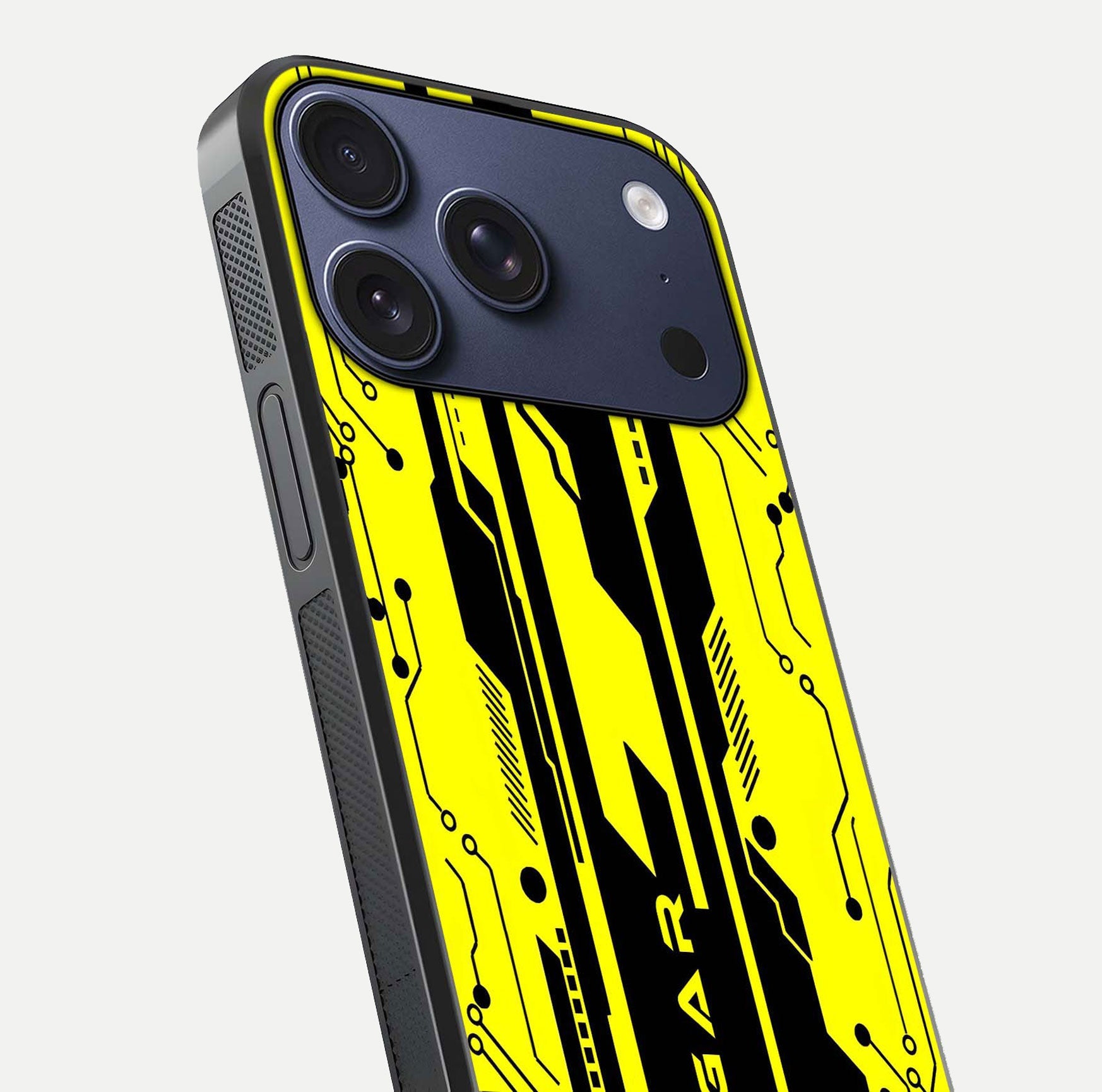 Electric Pulse CYBERPUNK Custom Name Glass Case for iPhone 17 Pro close-up highlighting tech pattern, lighting effect, and reflection shine