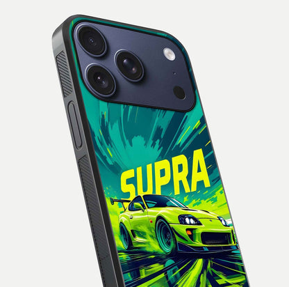 Electric Supra Thunder Glass Case for iPhone 17 Pro close-up highlighting car reflection, neon tones, and gloss polish