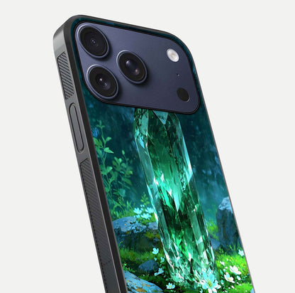 Emerald Light Crystal Glass Case for iPhone 17 Pro close-up highlighting crystal texture and reflection glow