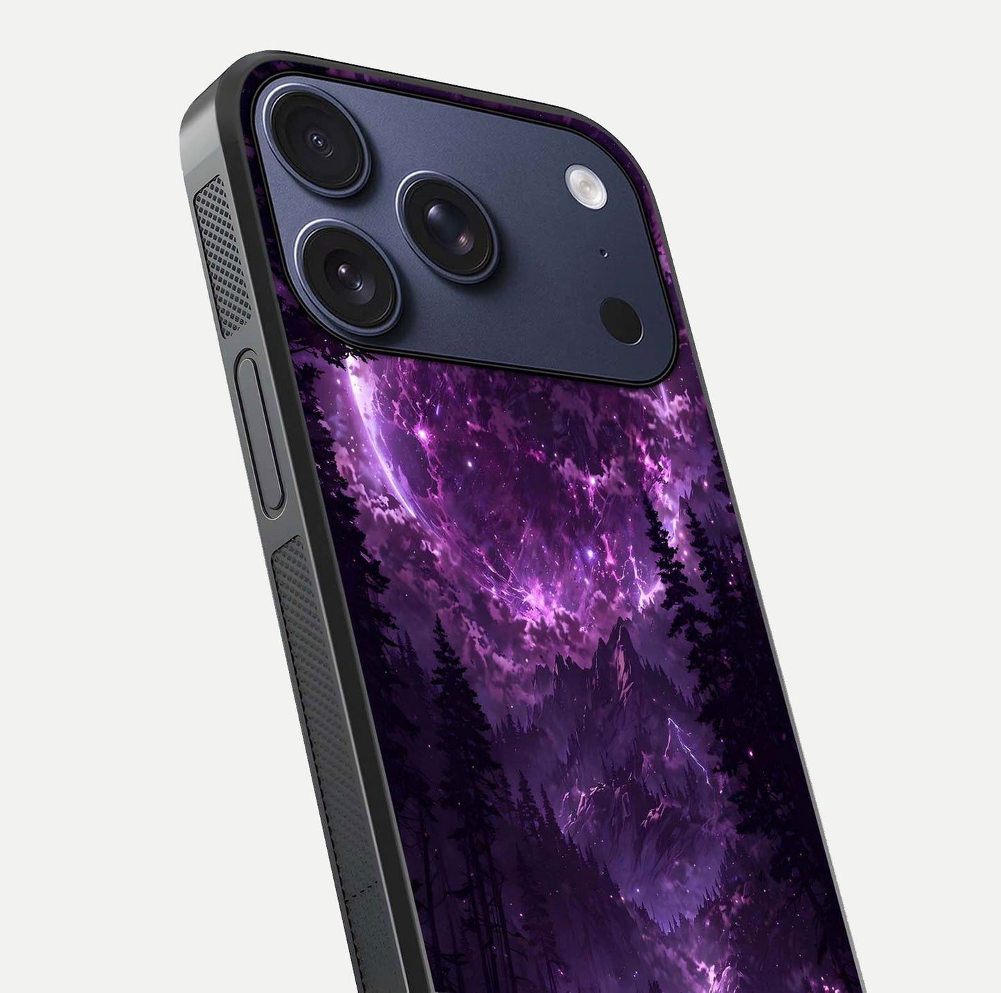 Eternal Cosmic Drive Glass Case for iPhone 17 Pro close-up highlighting cosmic lights and reflection depth