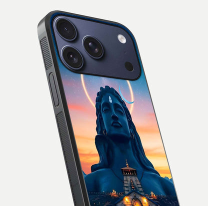 Eternal Shiva Aura Glass Case for iPhone 17 Pro close-up highlighting divine detailing and reflection light