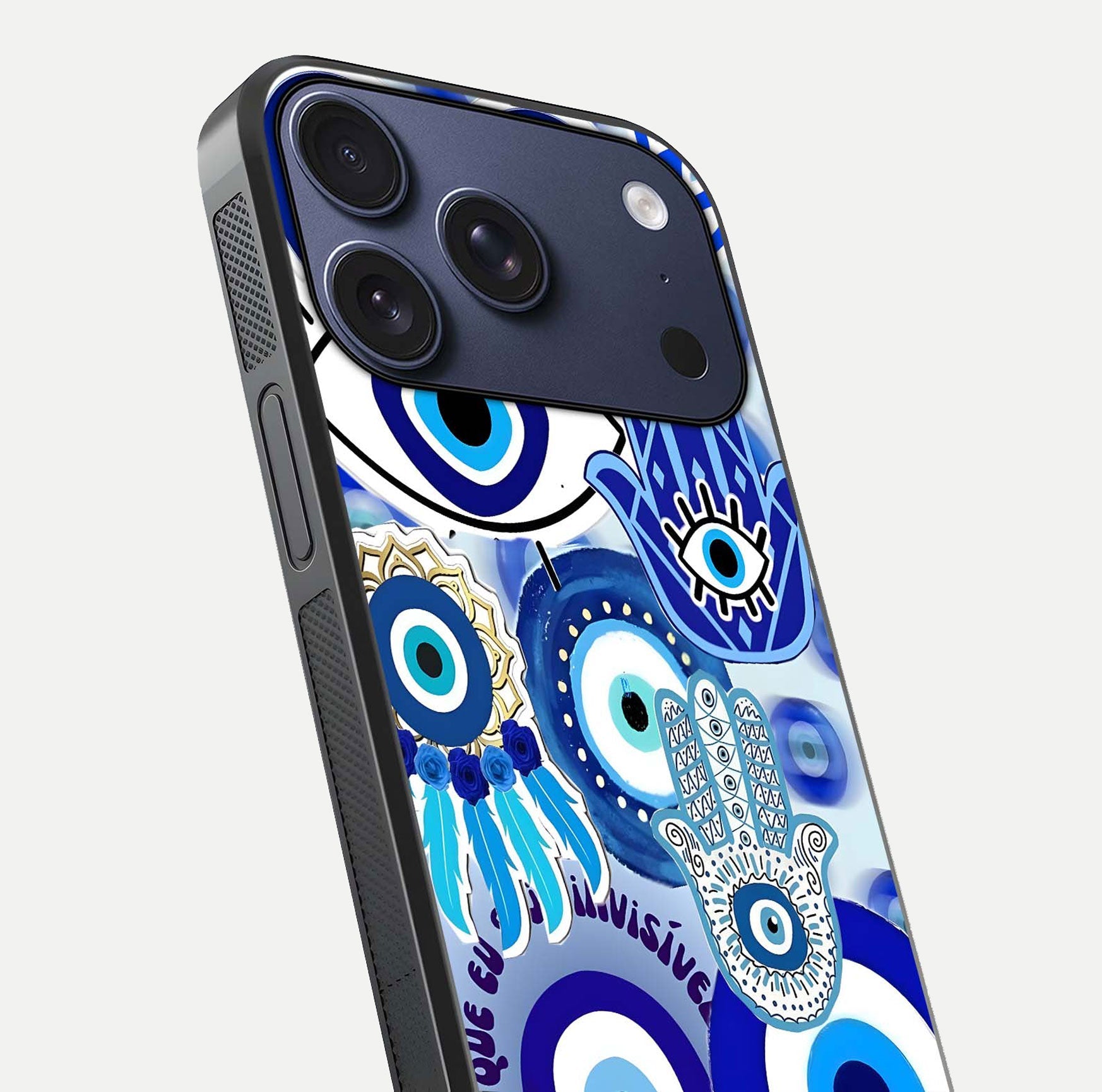 Evil Eyes Dream Glass Case for iPhone 17 Pro close-up highlighting evil-eye charm detail and light reflection on glass