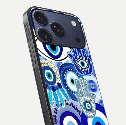 Evil Eyes Dream Glass Case for iPhone 17 Pro close-up highlighting evil-eye charm detail and light reflection on glass