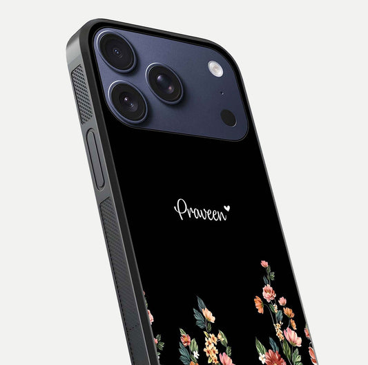 Floral Design Personalized Custom Name Glass Case for iPhone 17 Pro close-up highlighting name clarity, petals, and gloss