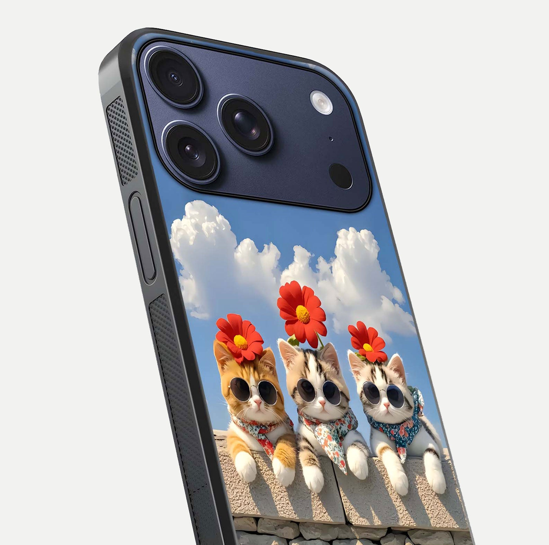 Floral Kitty Squad Glass Case for iPhone 17 Pro close-up highlighting cat detail and flower patterns with HD shine