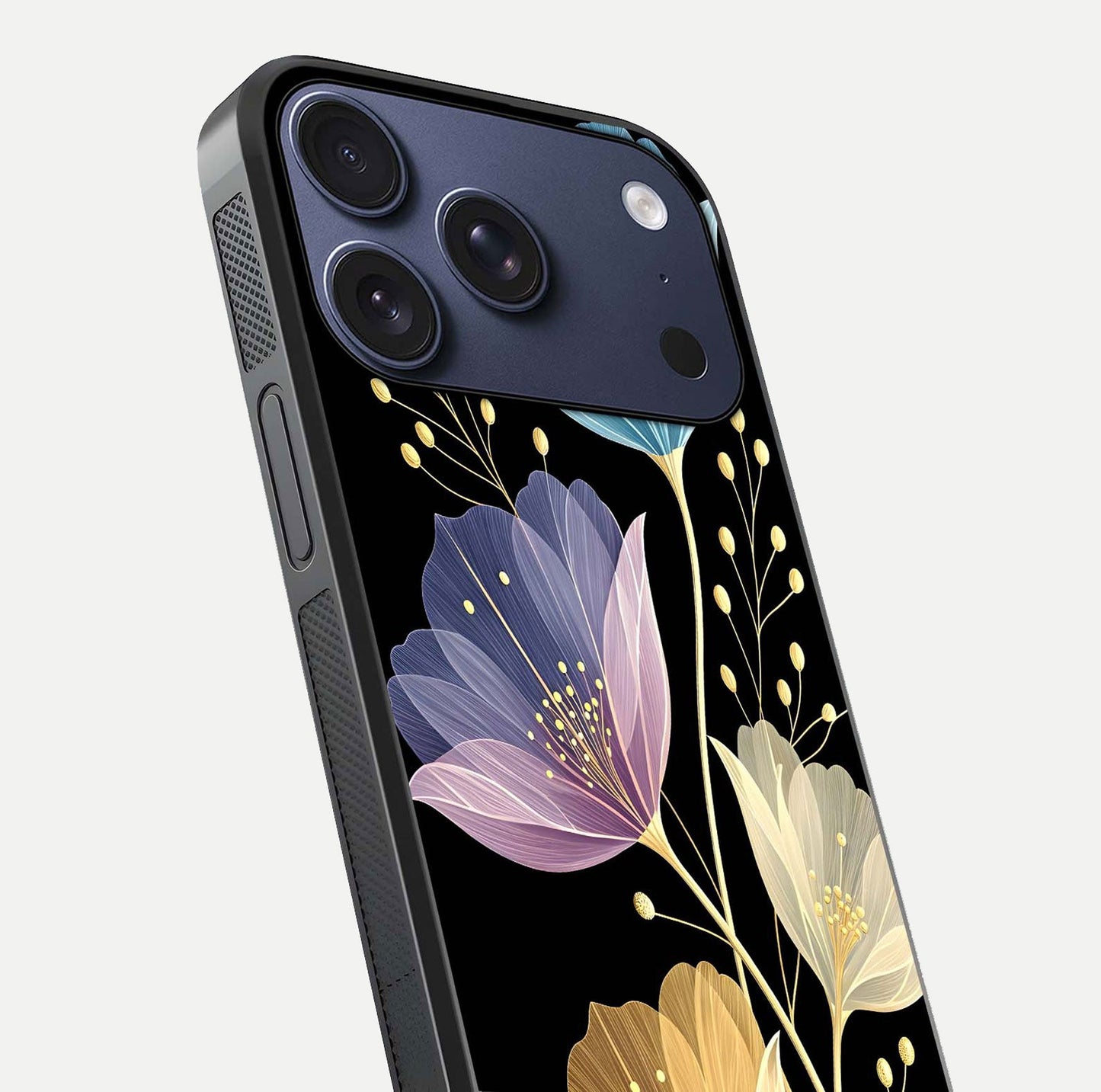 Flower Bloom Glow Glass Case for iPhone 17 Pro close-up highlighting bloom detail and reflection polish