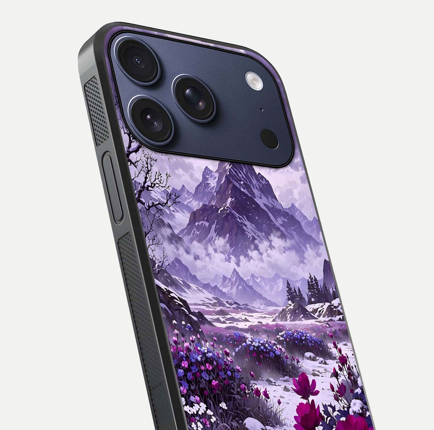 Flower Mountain View Glass Case for iPhone 17 Pro close-up highlighting petal details and sky reflection
