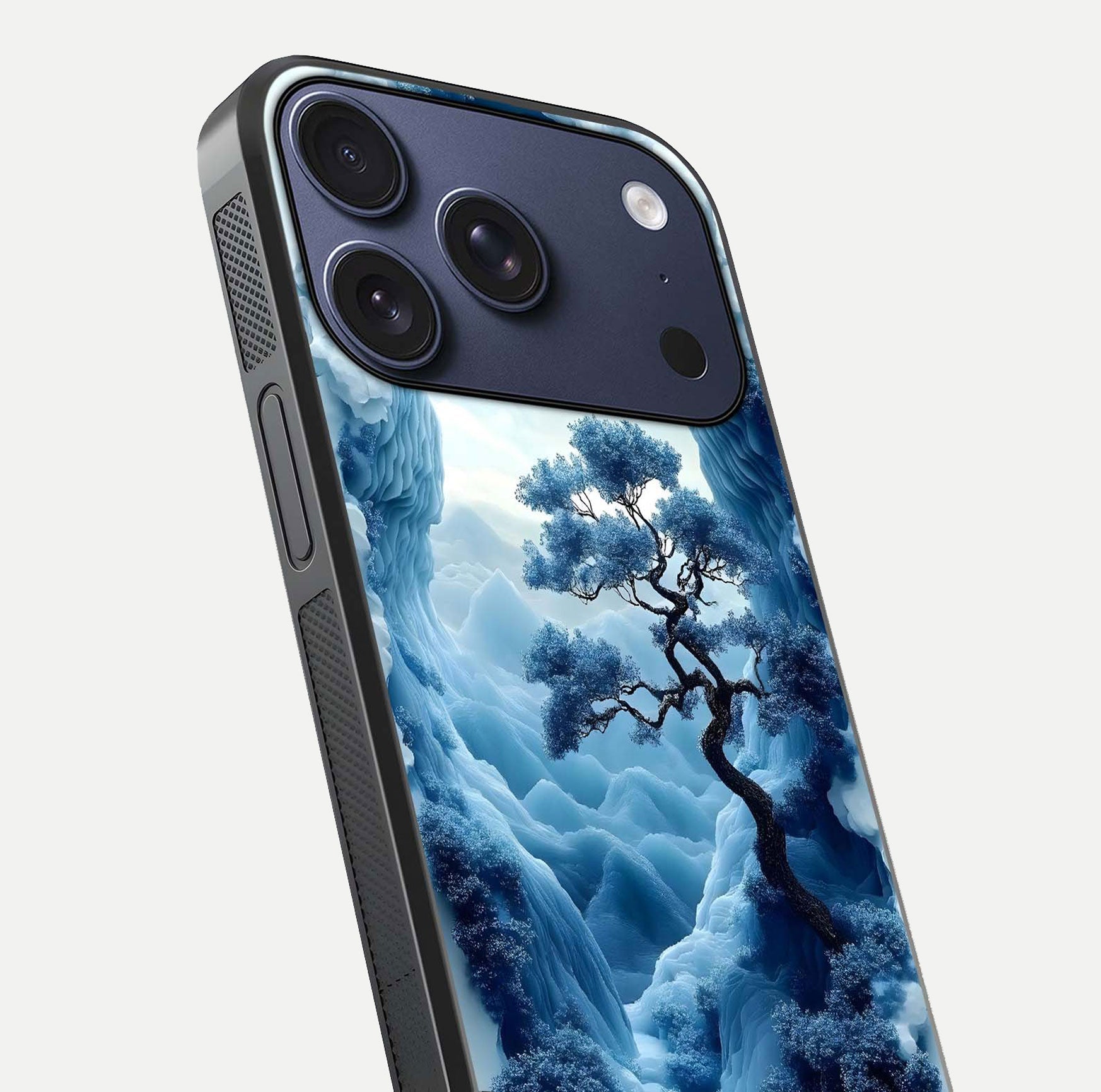 Frozen Serenity Gate Glass Case for iPhone 17 Pro close-up highlighting frosted texture and reflection tone